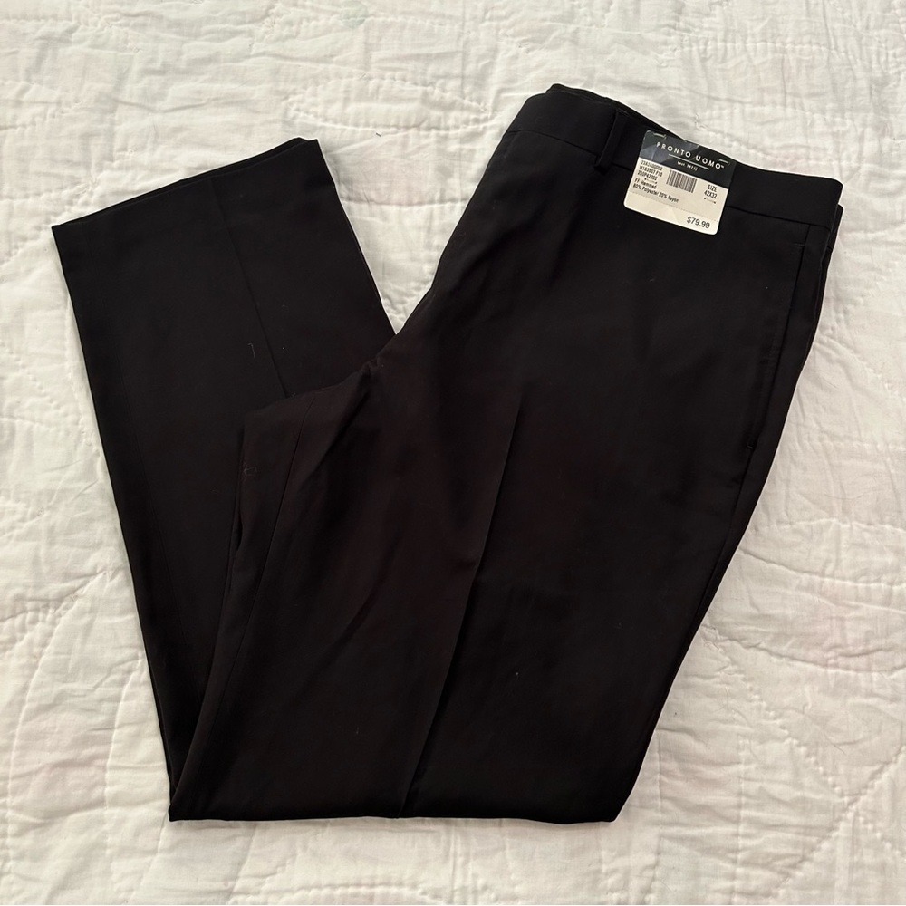 NWT Pronto Uomo Dress Pants Mens Size 42X32 Black Flat Front Polyester Blend